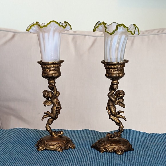 Antique Cherub Candle Holders Gilt Bronze w Hand Blown Ruffled Glass Green Rim - Picture 12 of 13